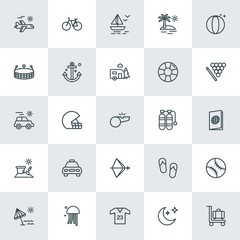 Modern Simple Set of sports, travel Vector outline Icons. ..Contains such Icons as boat,  sport, umbrella,  trolley,  fashion,  wheel,  sky and more on white background. Fully Editable. Pixel Perfect.