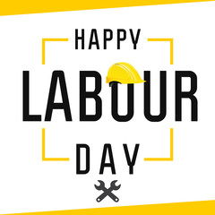 Happy Labour Day, lettering 1st may with yellow helmet and wrenches. Labour Day banner vector background. International Workers day illustration for greeting card