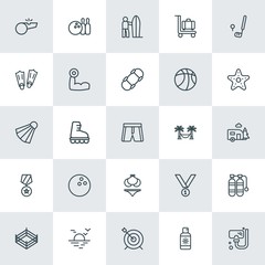 Modern Simple Set of sports, travel Vector outline Icons. ..Contains such Icons as  protection,  nature,  sun,  sea,  skating, sea,  game and more on white background. Fully Editable. Pixel Perfect.
