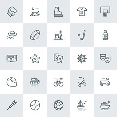 Modern Simple Set of sports, travel Vector outline Icons. ..Contains such Icons as  ice, basketball,  sea,  dart,  yacht,  fight,  shirt and more on white background. Fully Editable. Pixel Perfect.