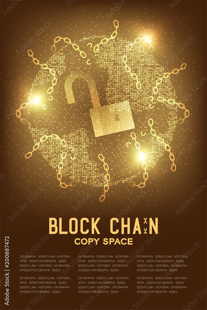 Poster geometric circle pattern globe with unchain unlock, security blockchain technology concept design il
