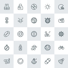 Modern Simple Set of sports, travel Vector outline Icons. ..Contains such Icons as  safety,  scuba, badminton,  rescue, bike,  steel, ring and more on white background. Fully Editable. Pixel Perfect.