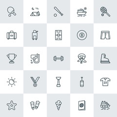 Modern Simple Set of sports, travel Vector outline Icons. ..Contains such Icons as  sea, sweet,  shirt, mask,  tent,  ball,  food,  fashion and more on white background. Fully Editable. Pixel Perfect.
