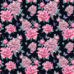 Watercolor seamless pattern pink flowers peonies