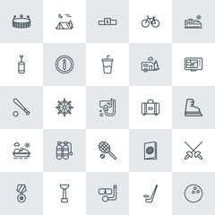 Modern Simple Set of sports, travel Vector outline Icons. ..Contains such Icons as blade,  field,  olympic, passport,  adventure,  weapon and more on white background. Fully Editable. Pixel Perfect.
