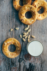 Cookies in the shape of a ring on a wooden background