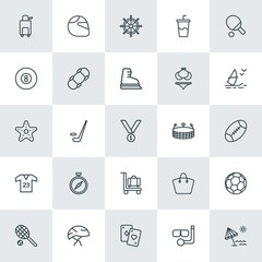 Modern Simple Set of sports, travel Vector outline Icons. ..Contains such Icons as  deck,  helmet,  sport,  scuba,  bicycle,  court,  rink and more on white background. Fully Editable. Pixel Perfect.