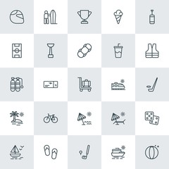 Modern Simple Set of sports, travel Vector outline Icons. ..Contains such Icons as volleyball,  sea,  green,  shoes,  airplane, ticket, sea and more on white background. Fully Editable. Pixel Perfect.