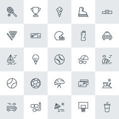 Modern Simple Set of sports, travel Vector outline Icons. ..Contains such Icons as sand, soda, credit,  water,  summer,  toy,  bucket, bus and more on white background. Fully Editable. Pixel Perfect.