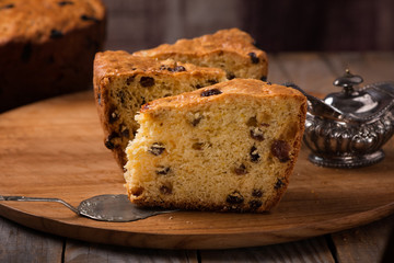 slices of home made cake on wooden plate