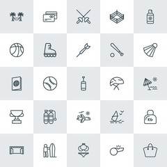 Modern Simple Set of sports, travel Vector outline Icons. ..Contains such Icons as  steel,  summer,  tropical, weight, football,  debit and more on white background. Fully Editable. Pixel Perfect.