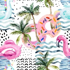 Poster Water kleur flamingo zwembad float, donut lilo drijvend op 80s 90s achtergrond. © Tanya Syrytsyna