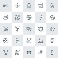 Modern Simple Set of sports, travel Vector outline Icons. ..Contains such Icons as  camp,  competition,  tropical,  healthy,  first,  rest and more on white background. Fully Editable. Pixel Perfect.