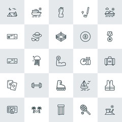 Modern Simple Set of sports, travel Vector outline Icons. ..Contains such Icons as  tropical,  bucket, boat,  safety,  bottle,  boat, gps and more on white background. Fully Editable. Pixel Perfect.