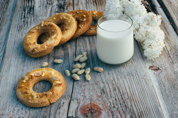 Cookies in the shape of a ring on a wooden background