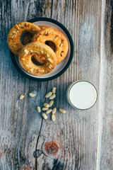 Cookies in the shape of a ring on a wooden background