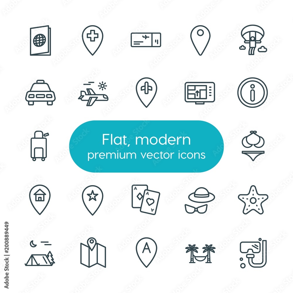 Poster modern simple set of location, travel vector outline icons. ..contains such icons as passport, adven