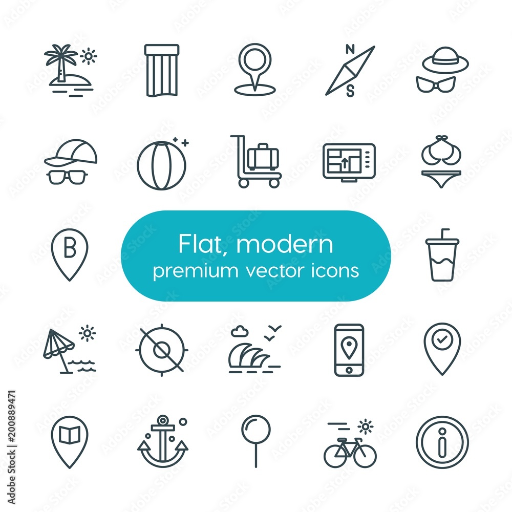 Poster modern simple set of location, travel vector outline icons. ..contains such icons as direction, inte