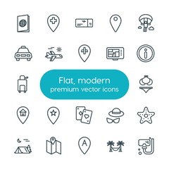 Modern Simple Set of location, travel Vector outline Icons. ..Contains such Icons as passport,  adventure,  equipment,  casual,  location and more on white background. Fully Editable. Pixel Perfect