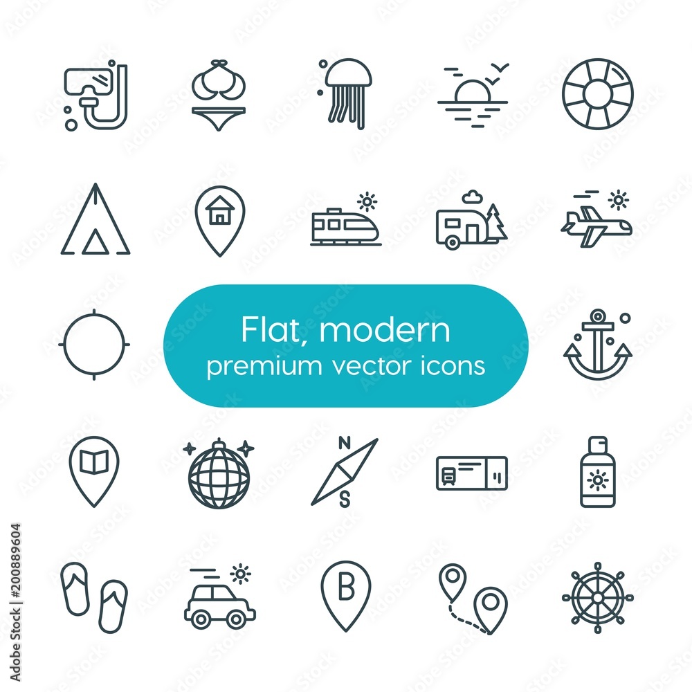 Poster modern simple set of location, travel vector outline icons. ..contains such icons as train, vector, 