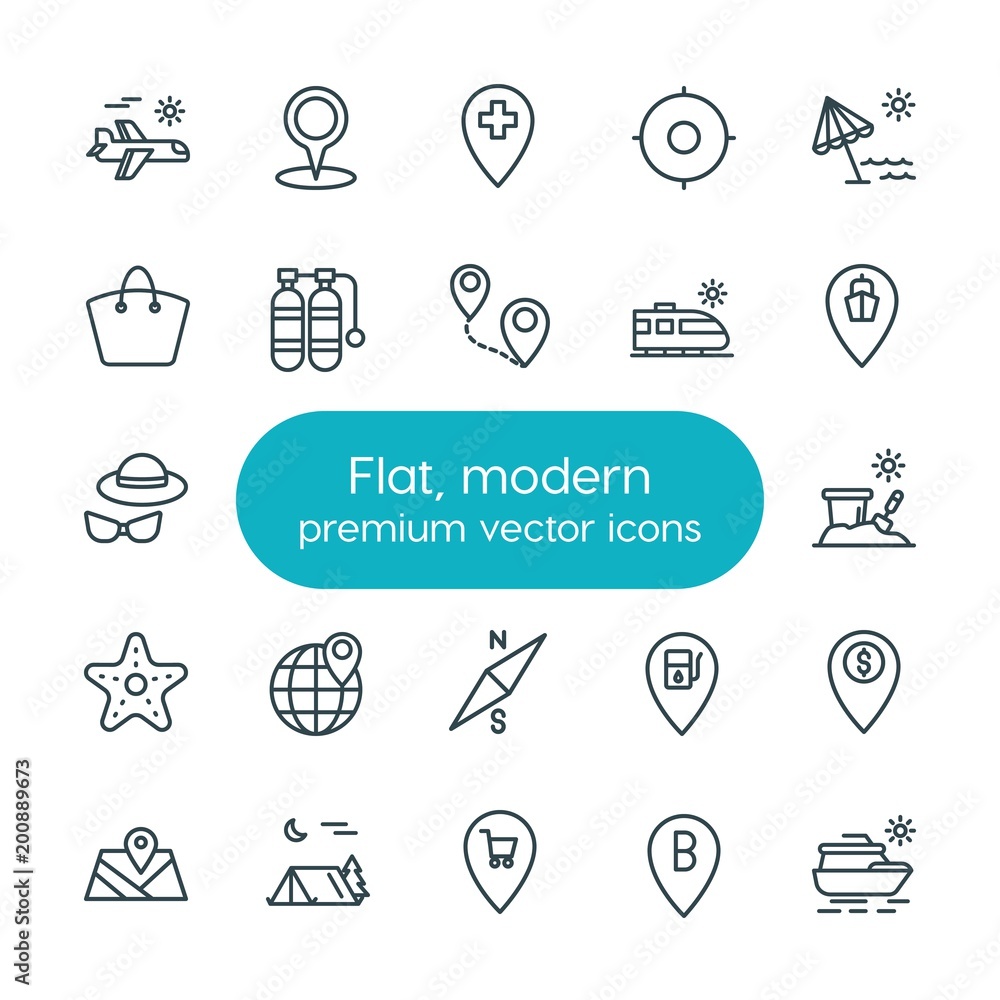 Poster modern simple set of location, travel vector outline icons. ..contains such icons as map, aircraft, 
