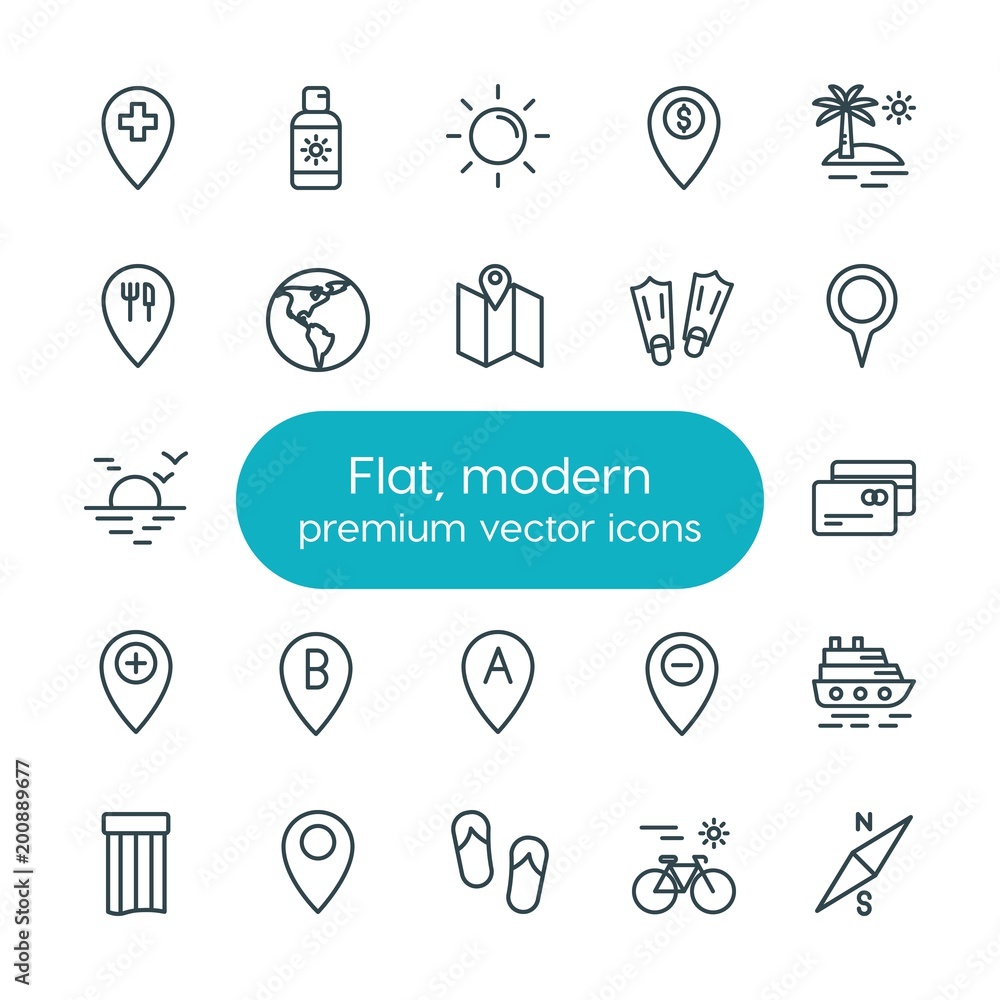 Poster modern simple set of location, travel vector outline icons. ..contains such icons as location, locat