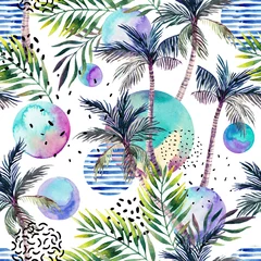 Zelfklevend Fotobehang Aquarel kunst illustratie: palmboom, doodle, grunge texturen, geometrische, minimale elementen. © Tanya Syrytsyna