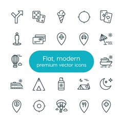 Modern Simple Set of location, travel Vector outline Icons. ..Contains such Icons as  tent,  cream, moon,  travel,  road,  adventure,  sea and more on white background. Fully Editable. Pixel Perfect