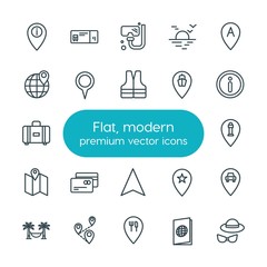 Modern Simple Set of location, travel Vector outline Icons. ..Contains such Icons as  id,  location,  holiday, map,  navigation,  sign,  map and more on white background. Fully Editable. Pixel Perfect