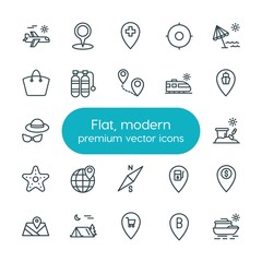 Modern Simple Set of location, travel Vector outline Icons. ..Contains such Icons as map, aircraft,  marketing,  adventure,  pin,  camp and more on white background. Fully Editable. Pixel Perfect