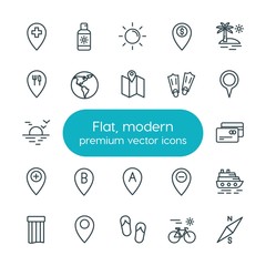 Modern Simple Set of location, travel Vector outline Icons. ..Contains such Icons as  location, location,  north,  vector,  sun,  beautiful and more on white background. Fully Editable. Pixel Perfect