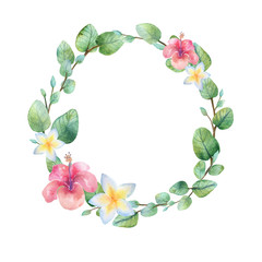 Watercolor vintage eucalyptus and tree branches wreath with flowers bouquet.