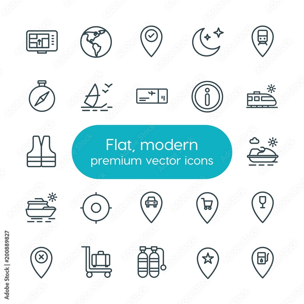 Poster modern simple set of location, travel vector outline icons. ..contains such icons as sky, technology