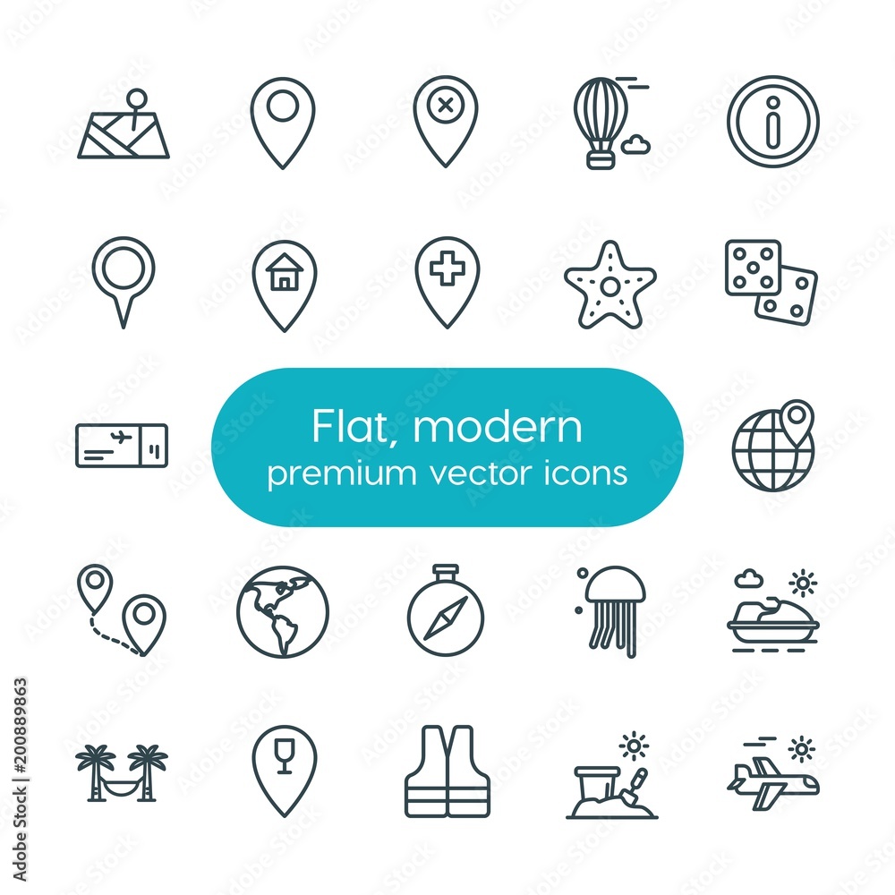Poster modern simple set of location, travel vector outline icons. ..contains such icons as map, delete, ba