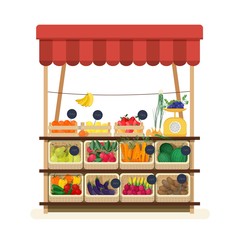 Greengrocer s shop with awning, marketplace or counter with fruits, vegetables and price tags. Place for selling food products on local farmers market. Flat cartoon colorful vector illustration.