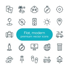 Modern Simple Set of location, travel Vector outline Icons. ..Contains such Icons as  beautiful,  backpack,  nature, rucksack, bus,  north and more on white background. Fully Editable. Pixel Perfect