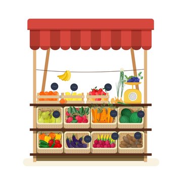 Greengrocer S Shop With Awning, Marketplace Or Counter With Fruits, Vegetables And Price Tags. Place For Selling Food Products On Local Farmers Market. Flat Cartoon Colorful Vector Illustration.