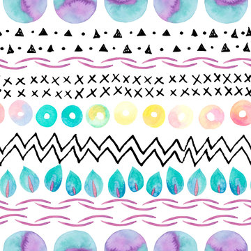 Abstract simple seamless pattern: watercolor geometric, natural elements, ink doodles