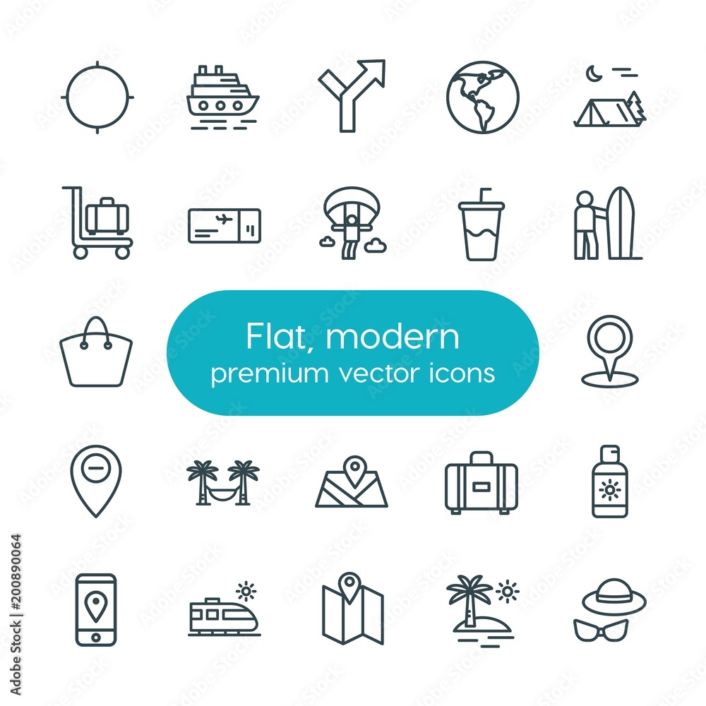 Poster modern simple set of location, travel vector outline icons. ..contains such icons as fun, cruise, mo