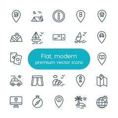 Modern Simple Set of location, travel Vector outline Icons. ..Contains such Icons as  gas,  camp,  pin,  sail, ticket, summer, map,  nature and more on white background. Fully Editable. Pixel Perfect