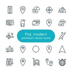 Modern Simple Set of location, travel Vector outline Icons. ..Contains such Icons as  center,  baggage, scuba, direction, airport,  trolley and more on white background. Fully Editable. Pixel Perfect