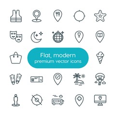 Modern Simple Set of location, travel Vector outline Icons. ..Contains such Icons as sweet,  travel,  water,  cream,  icon,  ocean,  vest and more on white background. Fully Editable. Pixel Perfect