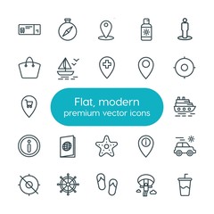 Modern Simple Set of location, travel Vector outline Icons. ..Contains such Icons as  background, parachute,  paragliding,  sun,  glass, sea and more on white background. Fully Editable. Pixel Perfect