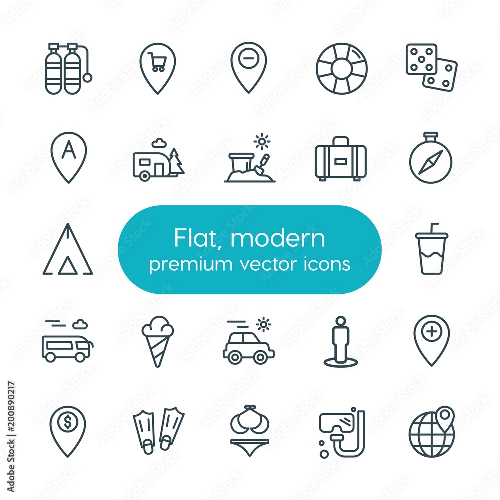 Poster modern simple set of location, travel vector outline icons. ..contains such icons as beverage, vecto