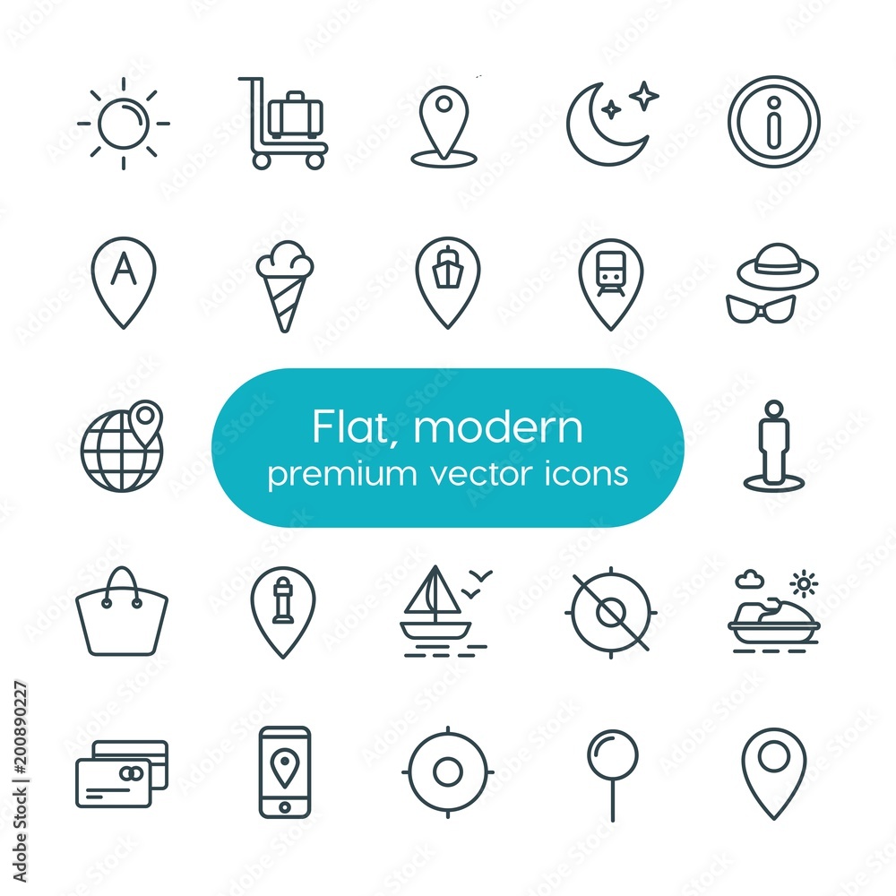 Poster modern simple set of location, travel vector outline icons. ..contains such icons as location, busin