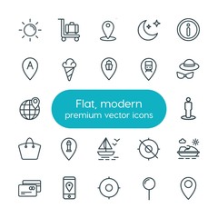 Modern Simple Set of location, travel Vector outline Icons. ..Contains such Icons as  location,  business,  wave,  plastic,  background, map and more on white background. Fully Editable. Pixel Perfect