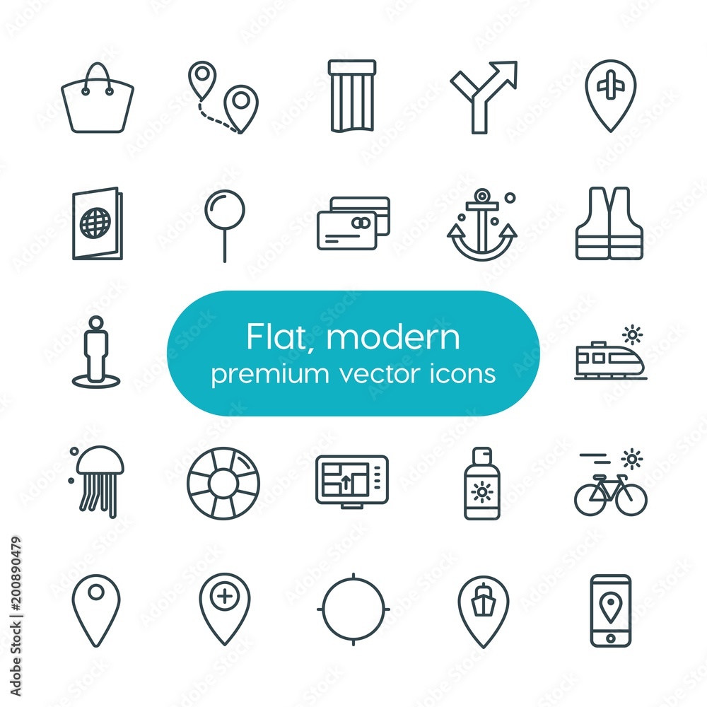 Poster modern simple set of location, travel vector outline icons. ..contains such icons as speed, summer, 