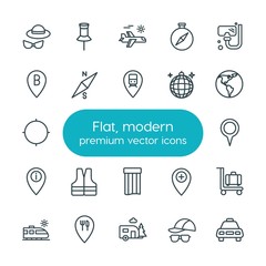 Modern Simple Set of location, travel Vector outline Icons. ..Contains such Icons as  home, holiday,  scuba,  railway, taxi,  baggage,  map and more on white background. Fully Editable. Pixel Perfect