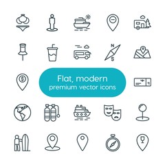 Modern Simple Set of location, travel Vector outline Icons. ..Contains such Icons as  pass, bus,  beach,  surf,  cola,  park,  water,  east and more on white background. Fully Editable. Pixel Perfect