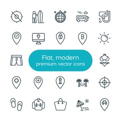 Modern Simple Set of location, travel Vector outline Icons. ..Contains such Icons as  fashion,  vacation,  rest,  arrow,  design,  direction and more on white background. Fully Editable. Pixel Perfect